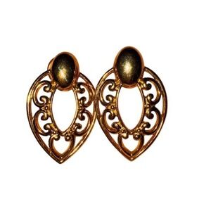Do it Best Vtg Filigree Teardrop Dangle Earrings Gold‎ Gray Cabochon retro 80's